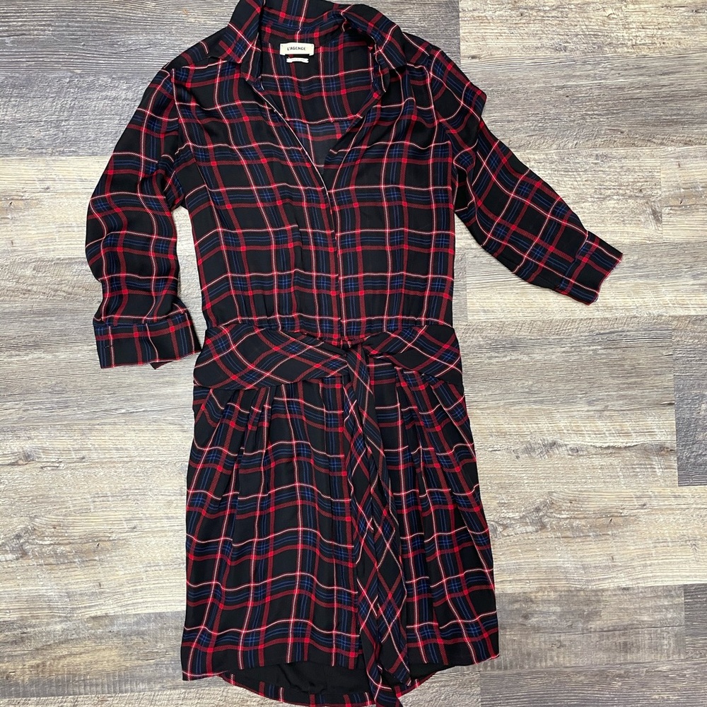 L’AGENCE 100% Silk Waist Tie Printed Check Lined Dress Size 4